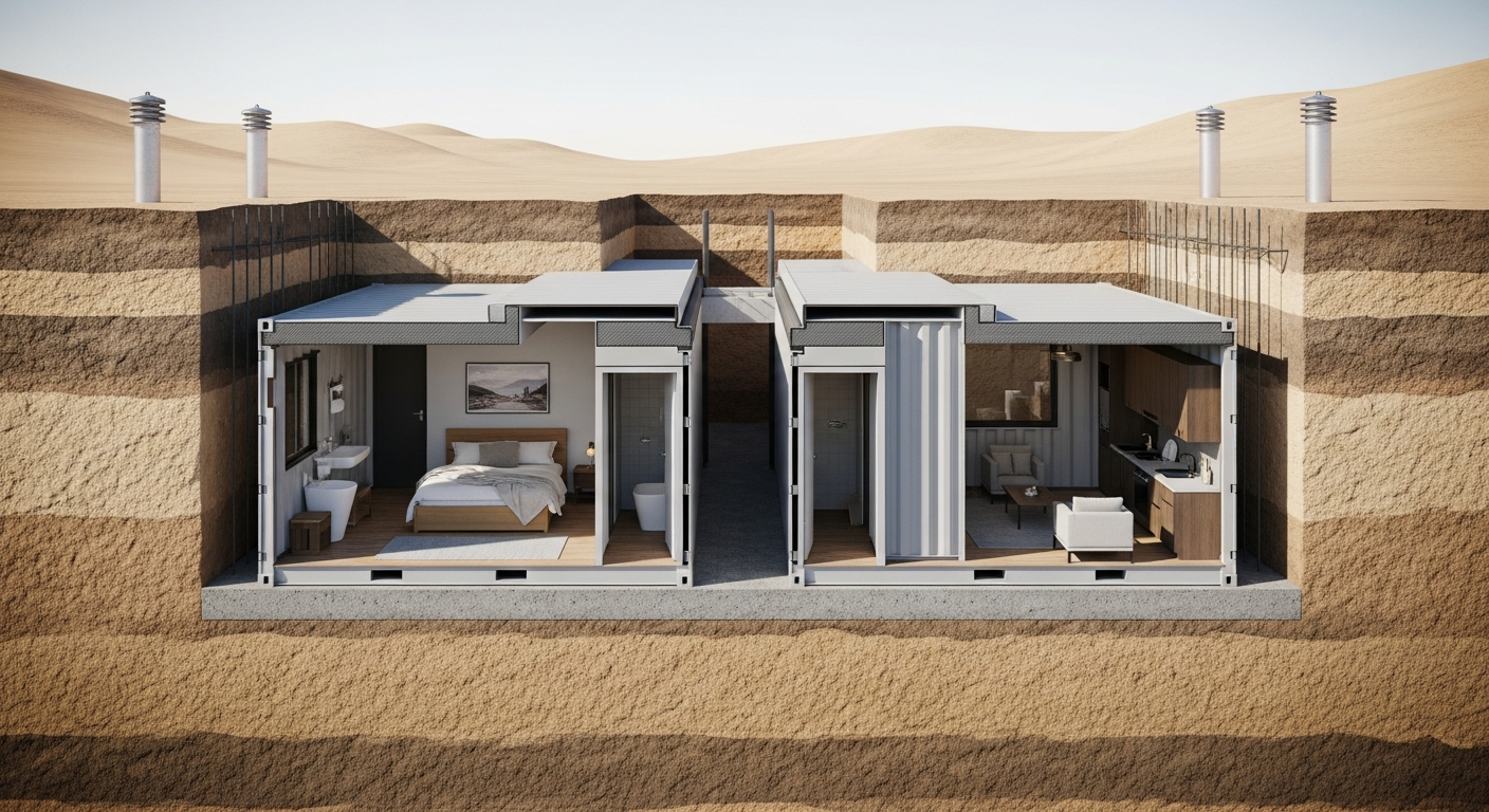 Multi-container underground shelter cross-section